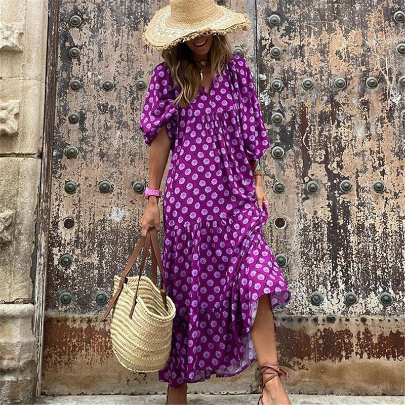 Two Piece Dres Boho Maxi Fashion Lantern Sleeve V Neck Printing Long Summer Holiday Female Anklelength Party Vestidos 230412