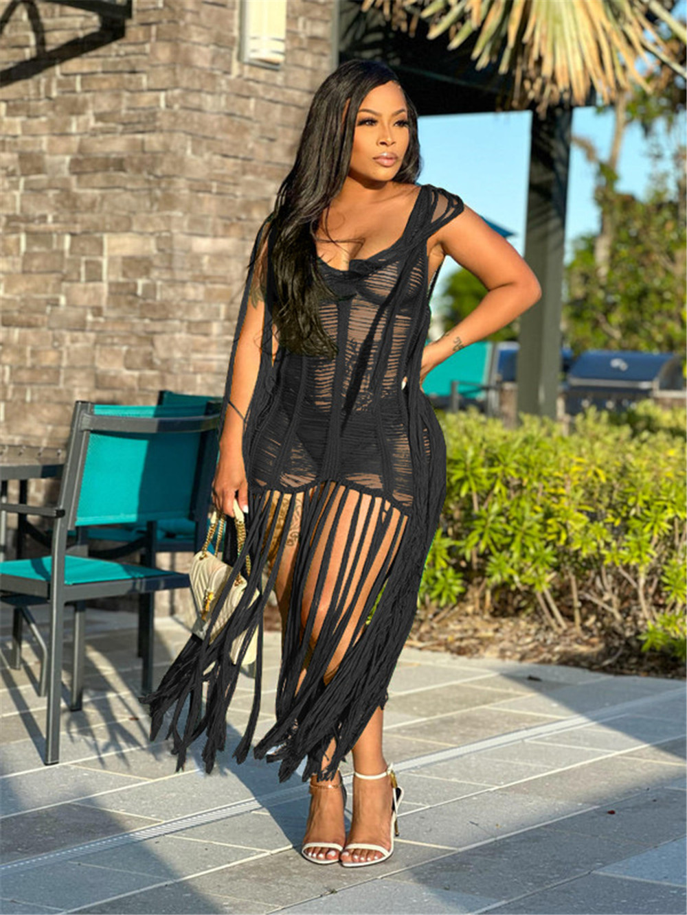 NEW Designer 2023 Beach Tassels Dress Women Sexy Cover Up Sleeveless Knitting Hollow Out Swimwear Loose Beach Wear Wholesale Items for Boutique Clothe