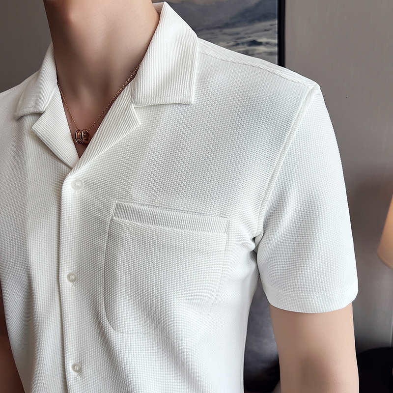 Men's Casual Shirts Summer British Style Men's Casual Short Sleeve/Men's Slim Fit V-Neck Lce Silk Casual Shirt Top Plus Size S-3XL 2304