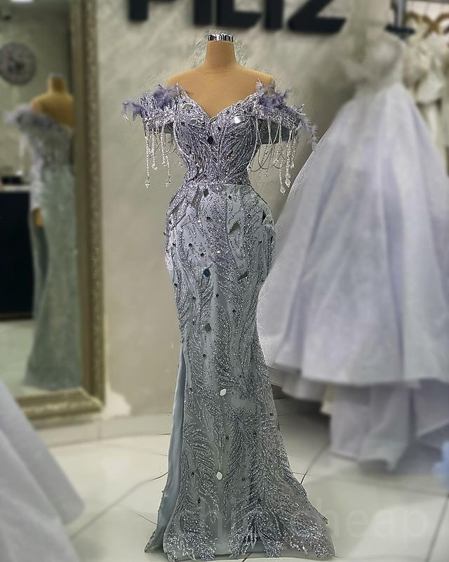 April Aso 2023 Ebi Mermaid Sier Prom Dress Beaded Crystals Evening Formal Party Second Reception Birthday Engagement Gowns Dresses Robe De Soiree ZJ52