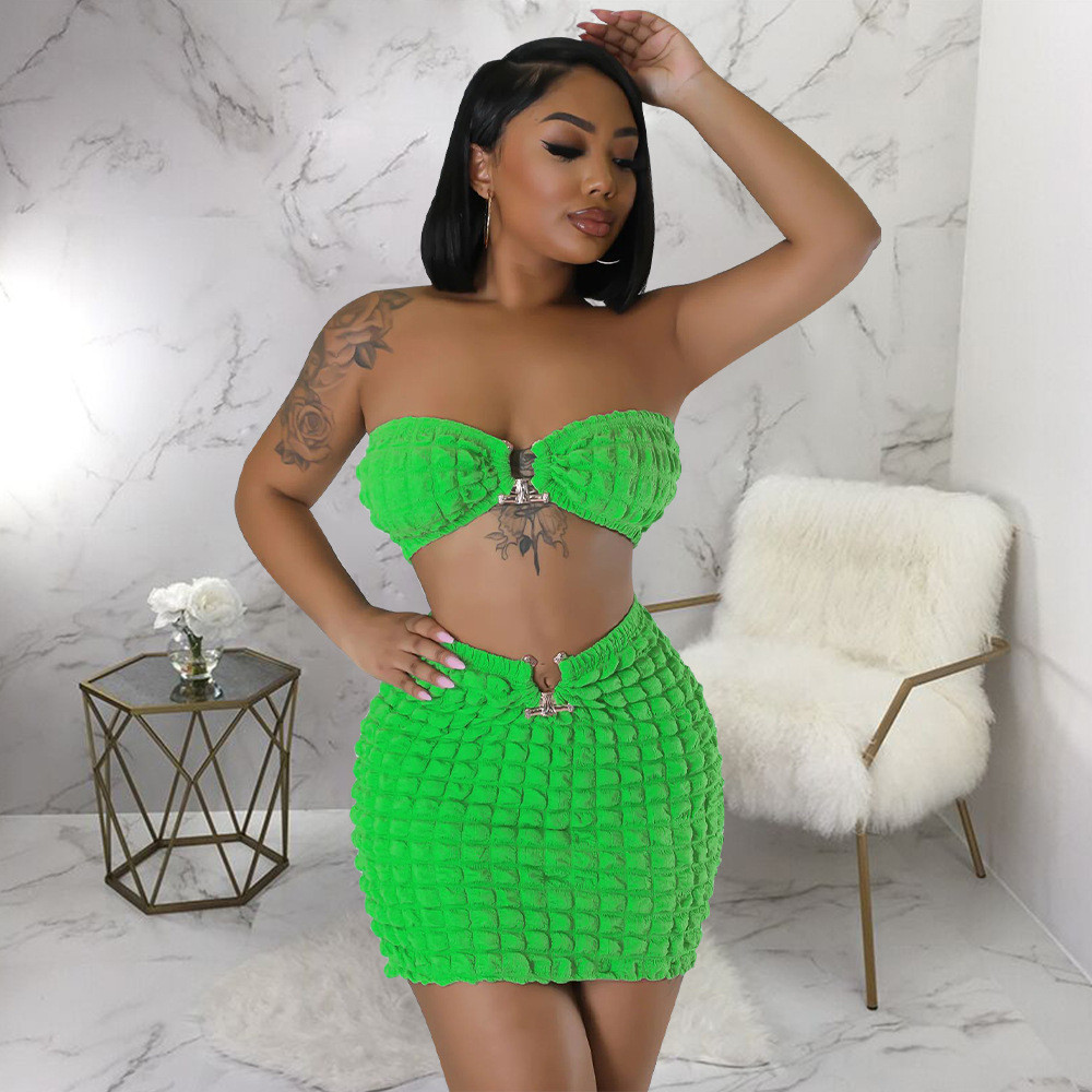 Designer Summer Bubble Dress Sets Women Strapless Crop Top and Bodycon Skirt Two Piece Sets Casual Mini Skirt 2pcs Suits Clothes 9683