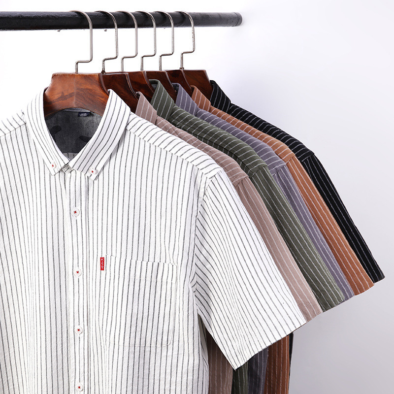 Men's Casual Shirts Arrival Striped Shirt Half Sleeve Men's Slim Fit Casual Short Sleeve Men's Single Pocket Men's Shirt Chemise M