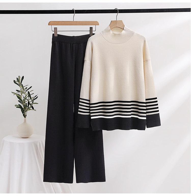 Women's Two Piece Pants New Autumn Winter Knitted Wide Leg Sweater Pants Set Casual Stand Collar Contrast Color Striped Thick Loose Two Piece Set