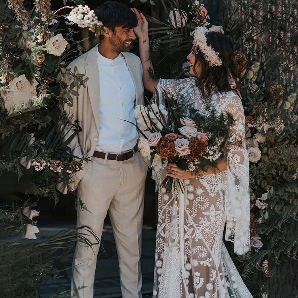 Floral embroidery Boho beach mermaid Wedding Dresses 2023 Long Batwing Sleeves Vintage Crochet Lace Western Country Applique Bridal Gowns