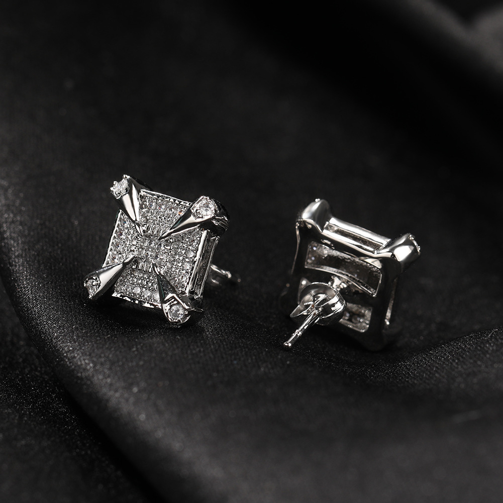 18K Platinum Plated Square Zircon Stud Earring Ear Bone Nail Women Men No Fading No Allergies 5A Zircon Earring