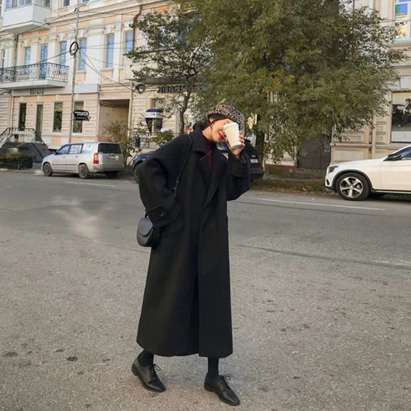 Women's Wool Blends Autumn Women Elegant Woolen Coat Korean Fashion Black All Match Long Jacket Female Winter Thicken Warm Loose Blends Overcoat 