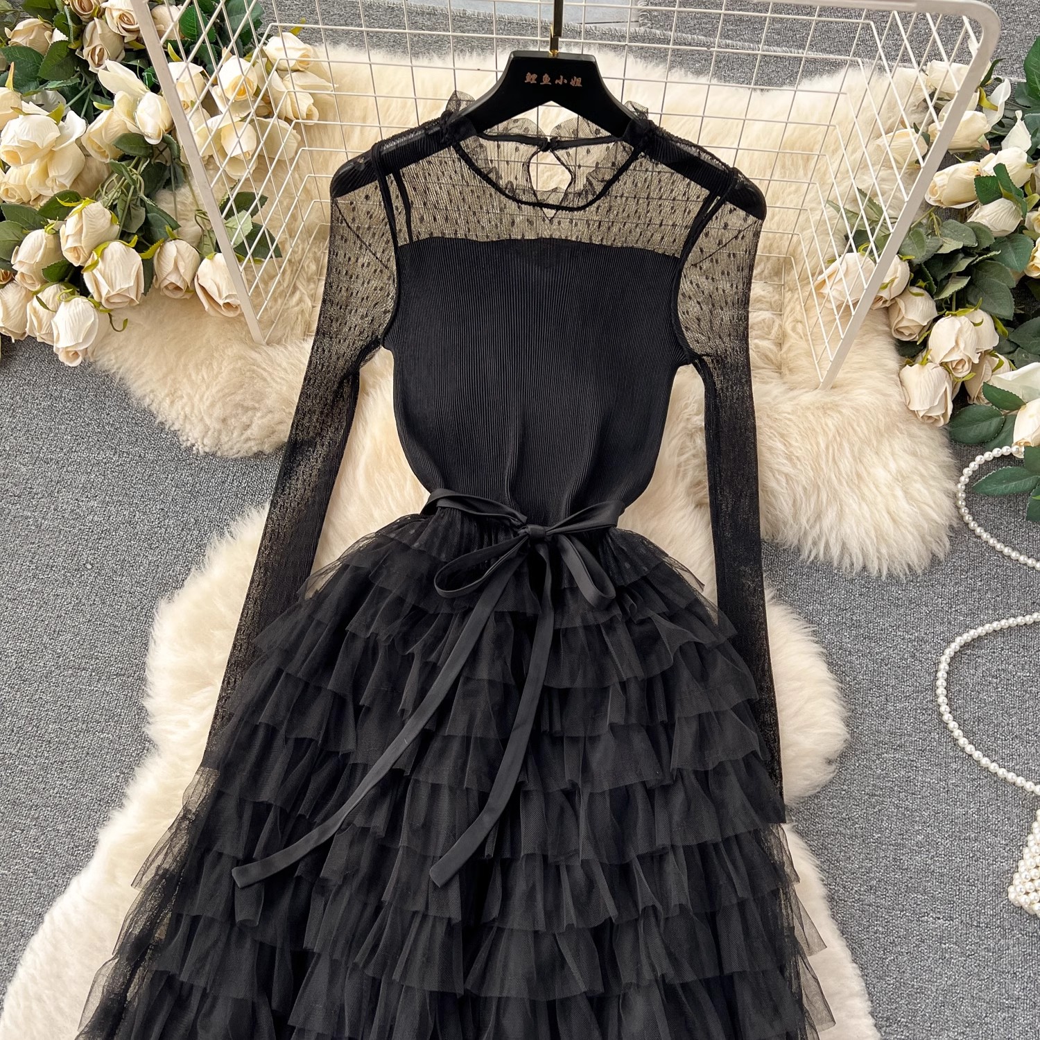 Basic Casual Dresses Elegant Autumn Spring Pink Mesh Tierred Ruffles Cake Dress High Quality Women Stand Collar Dot Tulle Lace Up Party Midi Vestidos 