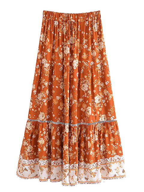 Skirts Vintage chic women's floral print summer elastic waist pleats Bohemian leather artificial silk cotton Bohemian beach A-line Maxi leather 2