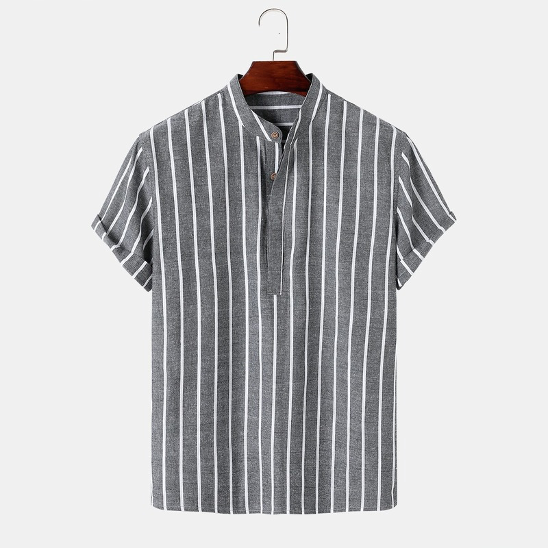 Men's Casual Shirts Men's Summer Men's Striped Half Button Shirt Fashion Short Sleeve Camisas Para Hombre 230412