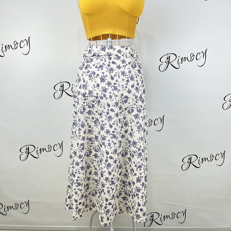 Skirts Rimocy Korean Style Floral Print Long Skirts Women Summer A Line Beach Skirts Women Elastic High Waist Midi Skirt Mujer 230412