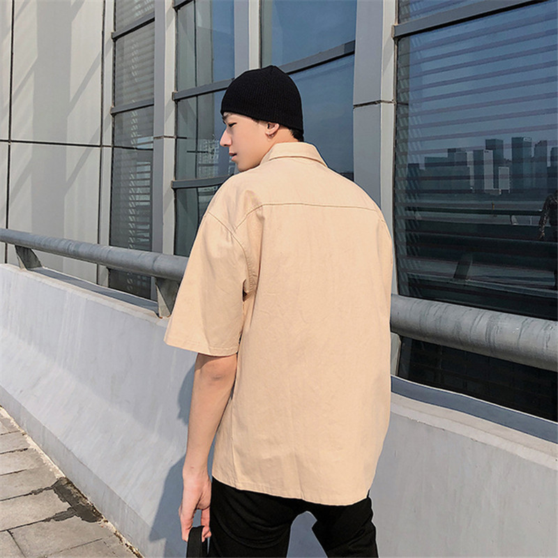 Men's Casual Shirts Korean Fashion Men's Solid Short Sleeve Tool Dragon Shirt Summer Men's Button Shirt Chemise Men's 230412