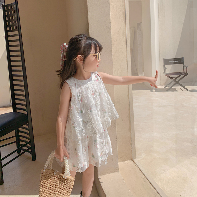Clothing Sets Summer Children Girls Flower Lace Embroidery Top Shorts Toddler Baby Clothes Suit Fashion Kids Outfit 230412