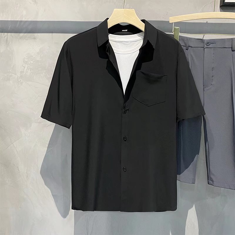 Men's Casual Shirts Summer Cool Men's Short Sleeve Shirt Wrinkle Resistant Solid Color Fashion Office Casual Loose Button Pocket Shirt Men&#
