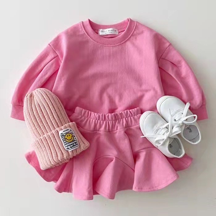 Clothing Sets 2023 Summer Girls Clothes Set Candy Color Long Sleeve Sweatshirts Skirts Baby 2PCS Suits 1 5 Years Kids Infant Girl Outfit 230412