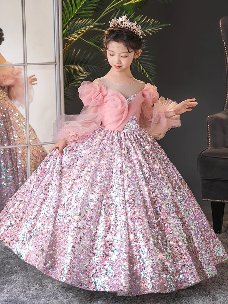 Pink Vintage Flower Girls Dresses Baby Infant Toddler Baptism Clothes Sequined Ball Party Dress Princess Puff Sleeve Shiny Bling Birthday Gowns 403