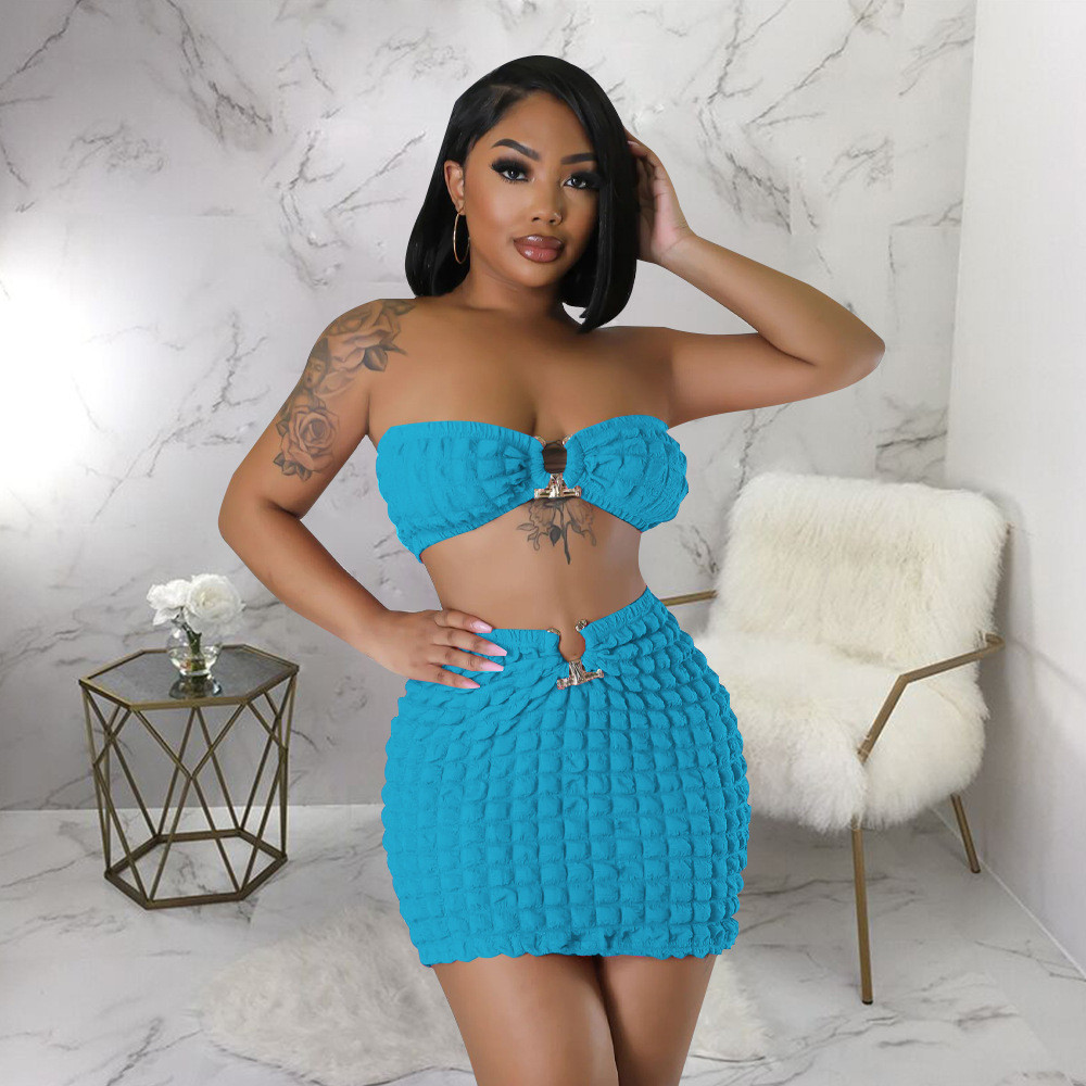 Designer Summer Bubble Dress Sets Women Strapless Crop Top and Bodycon Skirt Two Piece Sets Casual Mini Skirt 2pcs Suits Clothes 9683