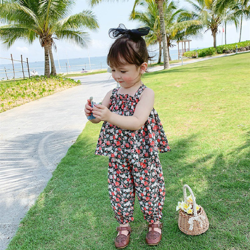 Clothing Sets Summer Girls' Back CrossFlower Suspender Top NinePoint Pants Baby Children Clothes Suit Fashion Kids Outfit 230412