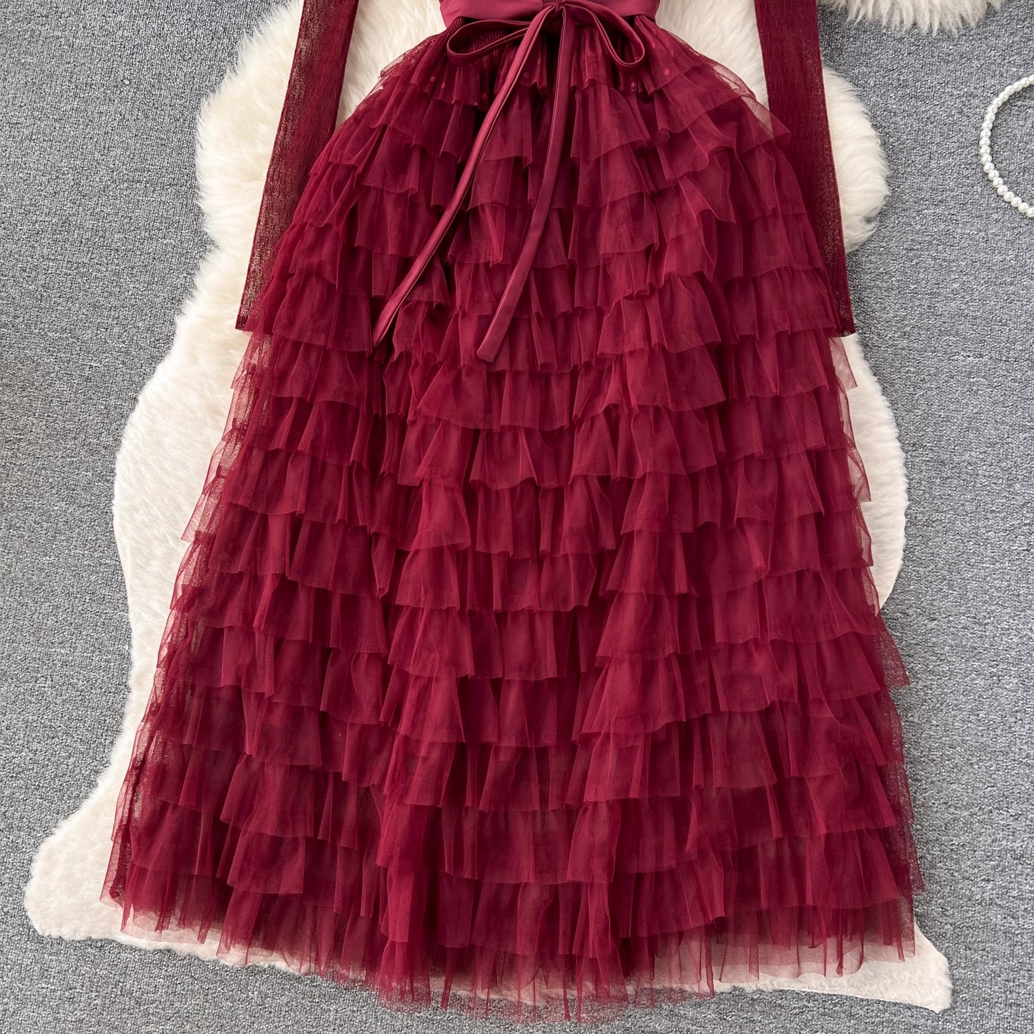 Basic Casual Dresses Elegant Autumn Spring Pink Mesh Tierred Ruffles Cake Dress High Quality Women Stand Collar Dot Tulle Lace Up Party Midi Vestidos 
