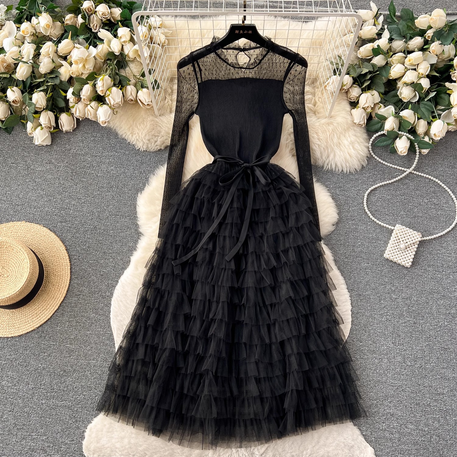 Basic Casual Dresses Elegant Autumn Spring Pink Mesh Tierred Ruffles Cake Dress High Quality Women Stand Collar Dot Tulle Lace Up Party Midi Vestidos 