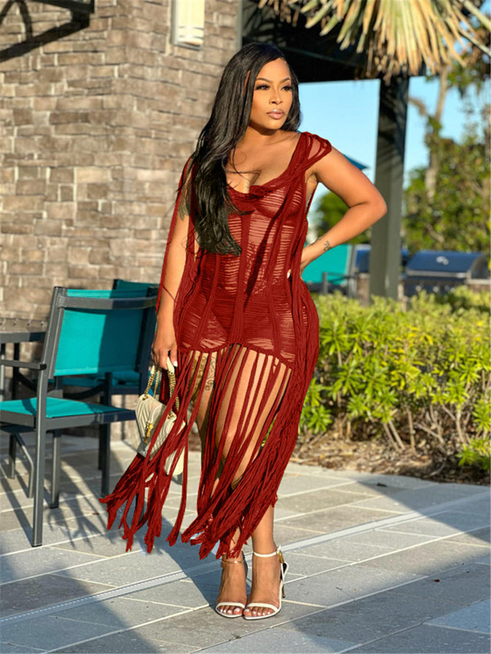 NEW Designer 2023 Beach Tassels Dress Women Sexy Cover Up Sleeveless Knitting Hollow Out Swimwear Loose Beach Wear Wholesale Items for Boutique Clothe