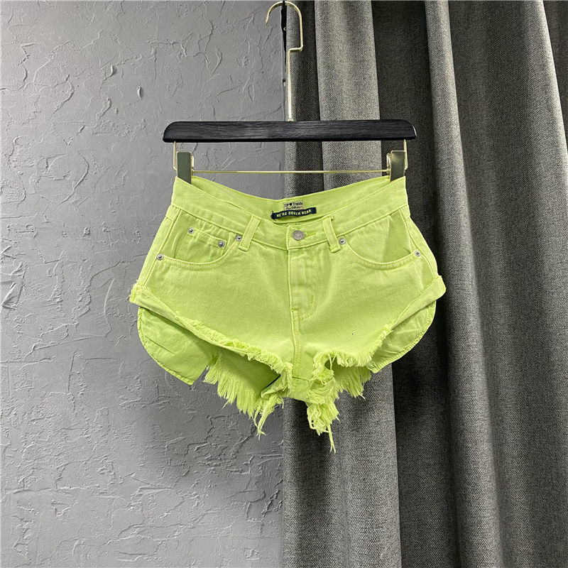 Women's Shorts Summer Women's Fruit Green denim Shorts Sexy Low A-line Fringe Shorts Pants Women's Fashion Personalized Pockets Pink 23