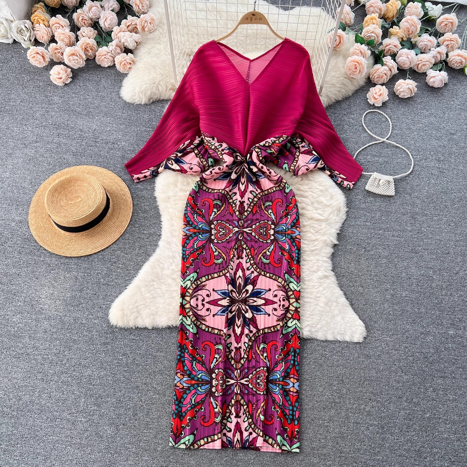 Women Casual Dresses Elegant New Autumn Miyake Pleated Long Dress Runway Women V Neck Batwing Sleeve Red Flower Printed Stretch Bodycon Slim Clothes 2
