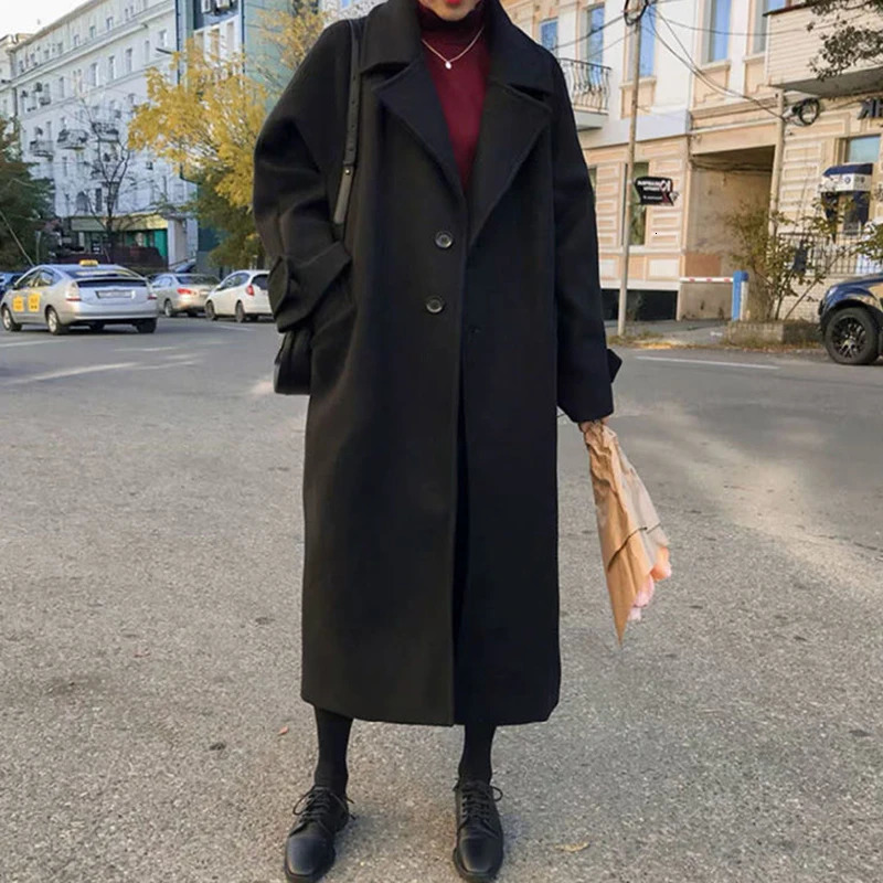 Women's Wool Blends Autumn Women Elegant Woolen Coat Korean Fashion Black All Match Long Jacket Female Winter Thicken Warm Loose Blends Overcoat 