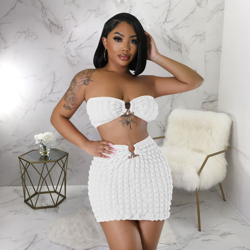 Designer Summer Bubble Dress Sets Women Strapless Crop Top and Bodycon Skirt Two Piece Sets Casual Mini Skirt 2pcs Suits Clothes 9683