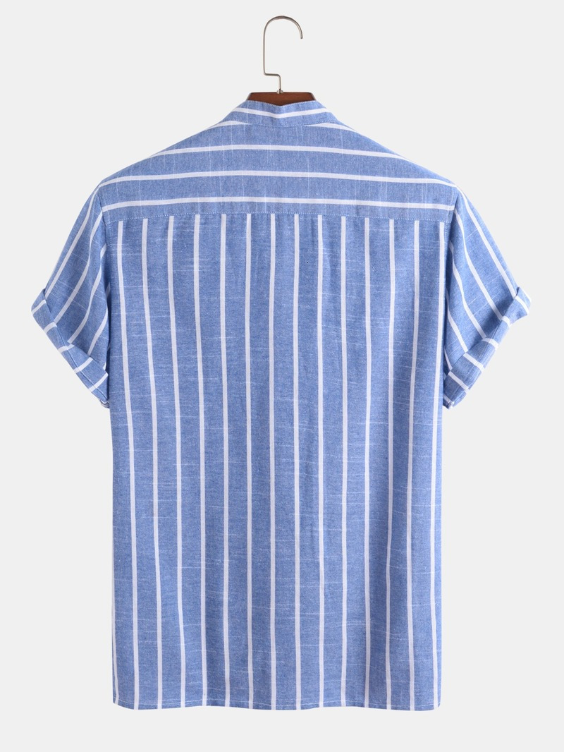 Men's Casual Shirts Men's Summer Men's Striped Half Button Shirt Fashion Short Sleeve Camisas Para Hombre 230412