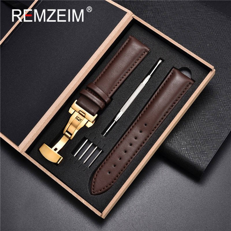 Watch Bands REMZEIM Soft Calfskin Leather Watchbands 18mm 20mm 22mm 24mm Straps Automatic Butterfly Clasp Watch Accessories With Box 230411