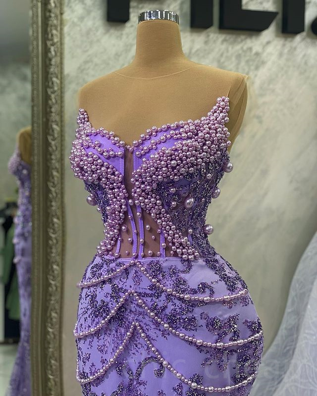 2023 Aso Ebi Lavender Mermaid Prom Dress Pearls Sequined Lace Evening Formal Party Second Reception Birthday Engagement Gowns Dresses Robe De Soiree Z