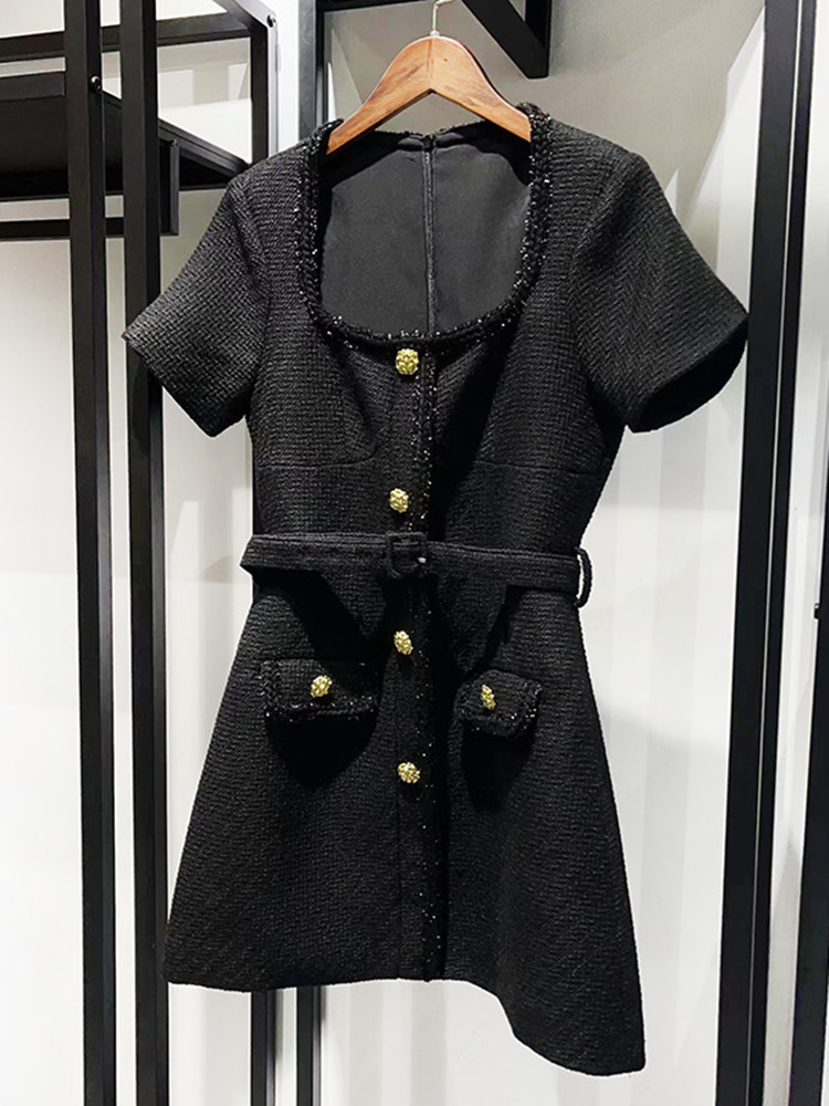 Casual Dresses Early Spring Women Wool Blend Dress Black Square Collar Temperament Short Sleeve Single Breasted Female Mini Robe with Sashes 230412