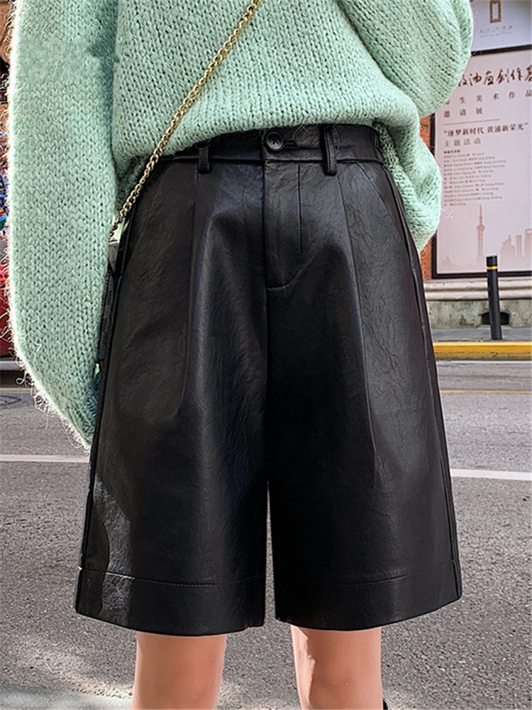 Women's Shorts REALEFT Autumn Green Artificial PU Leather Women's Shorts High Waist Wide Leg Trousers Retro Trousers Women's Pockets 23