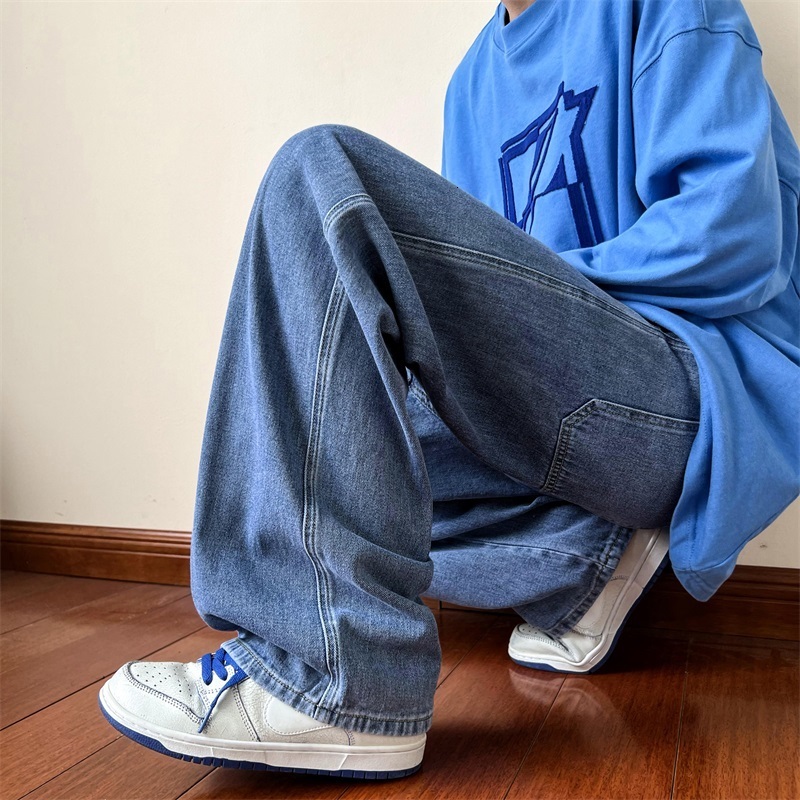Men's Jeans Blue jeans Men's ankle length jeans Men's straight denim pants Men's street pocket jeans Ins wash denim pants Black cl