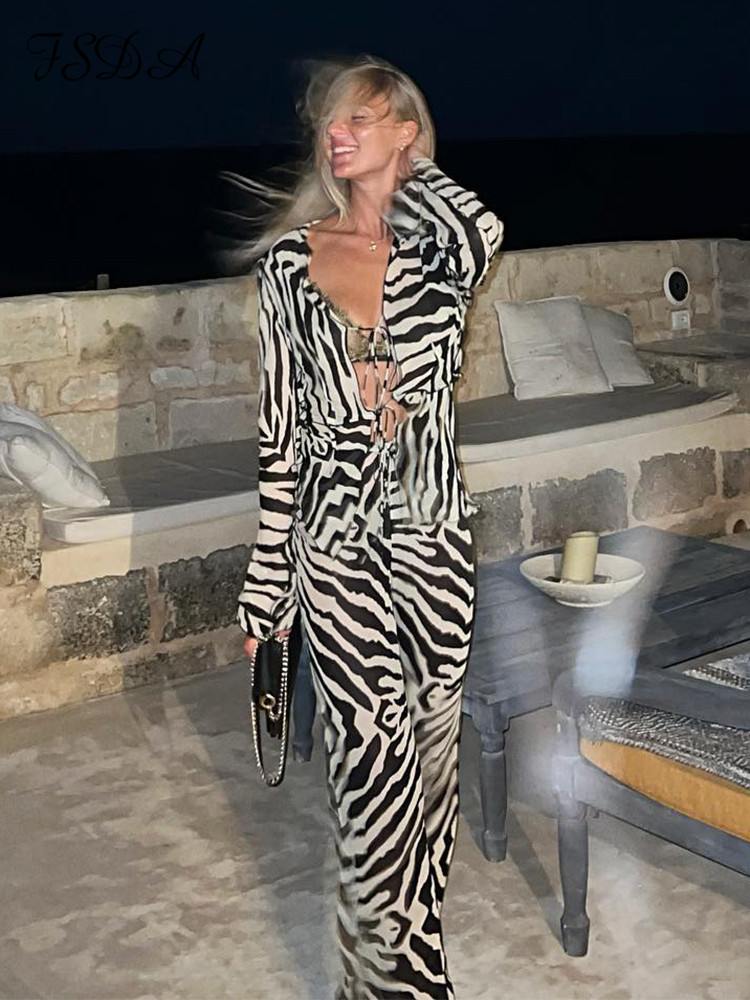 Women s Tracksuits FSDA Tracksuit Women Print Y2K Long Sleeve Top Shirts Bandage And Pants Sexy Two Piece Set Casual Outfits Party Clubwear 230411