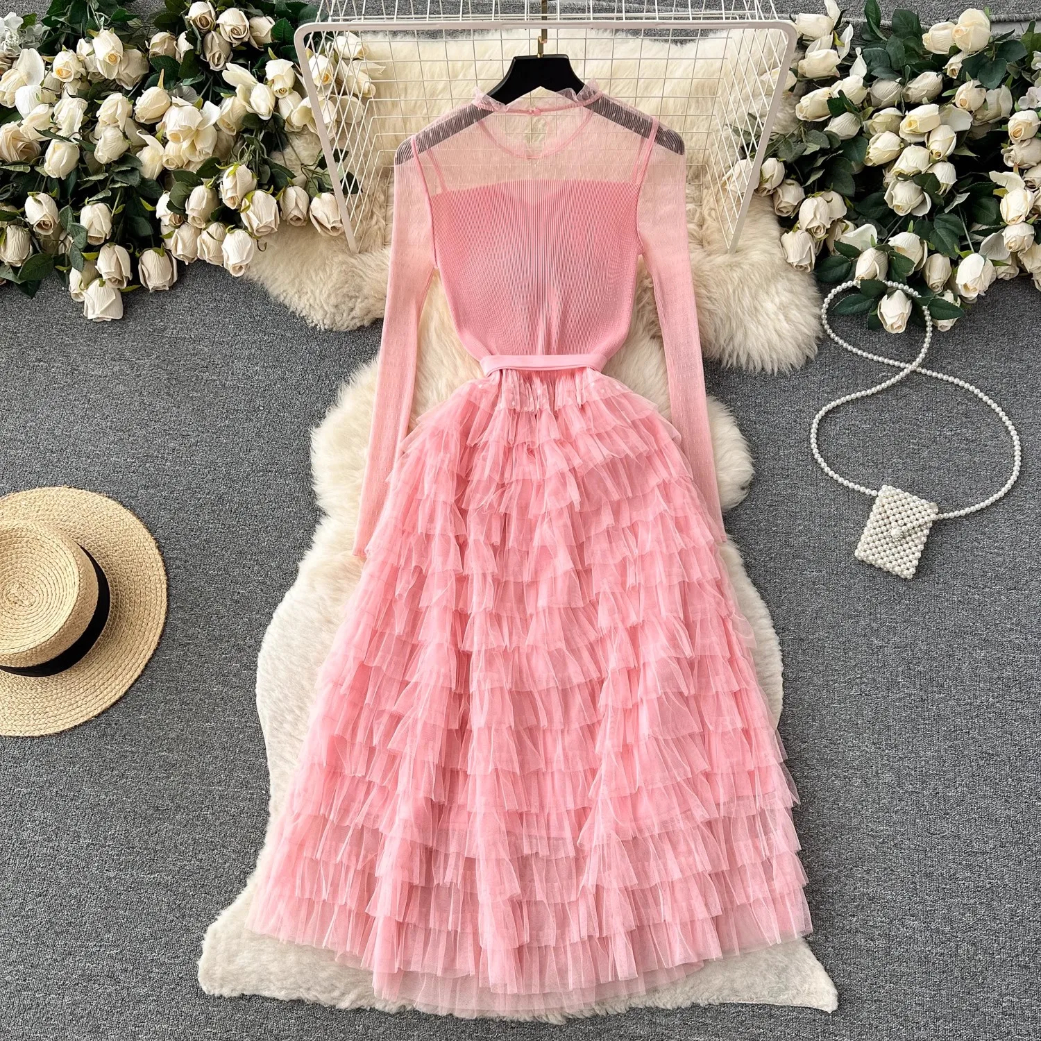 Basic Casual Dresses Elegant Autumn Spring Pink Mesh Tierred Ruffles Cake Dress High Quality Women Stand Collar Dot Tulle Lace Up Party Midi Vestidos 
