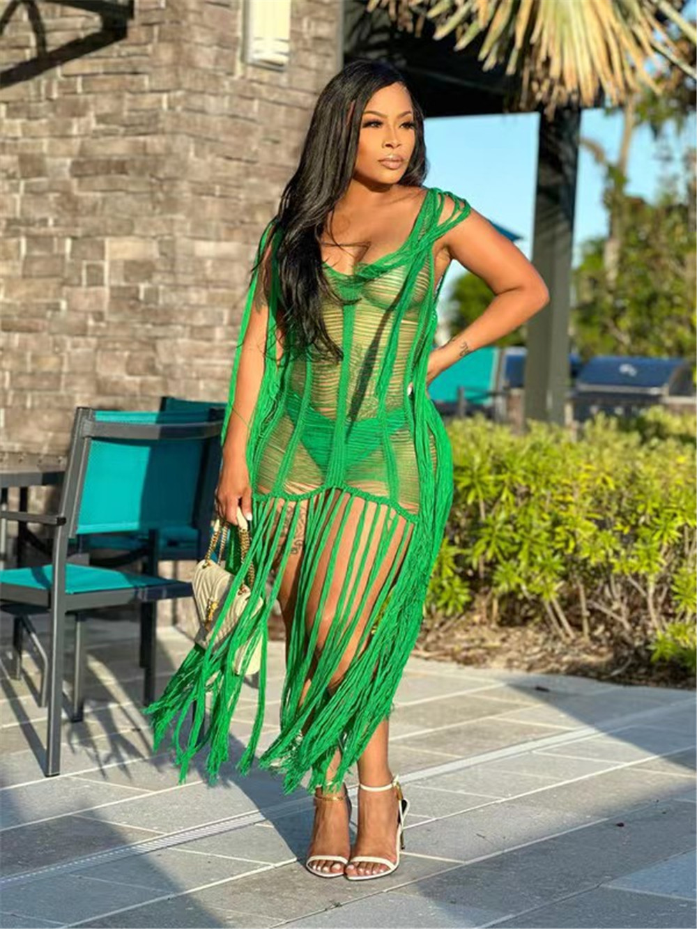 NEW Designer 2023 Beach Tassels Dress Women Sexy Cover Up Sleeveless Knitting Hollow Out Swimwear Loose Beach Wear Wholesale Items for Boutique Clothe