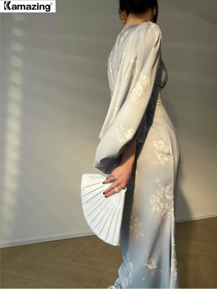 Basic Casual Dresses Women Summer Printing Elegant Mermaid Dresses Long Sleeve V-neck Slim Midi Dress Fmeale Clothing 231110