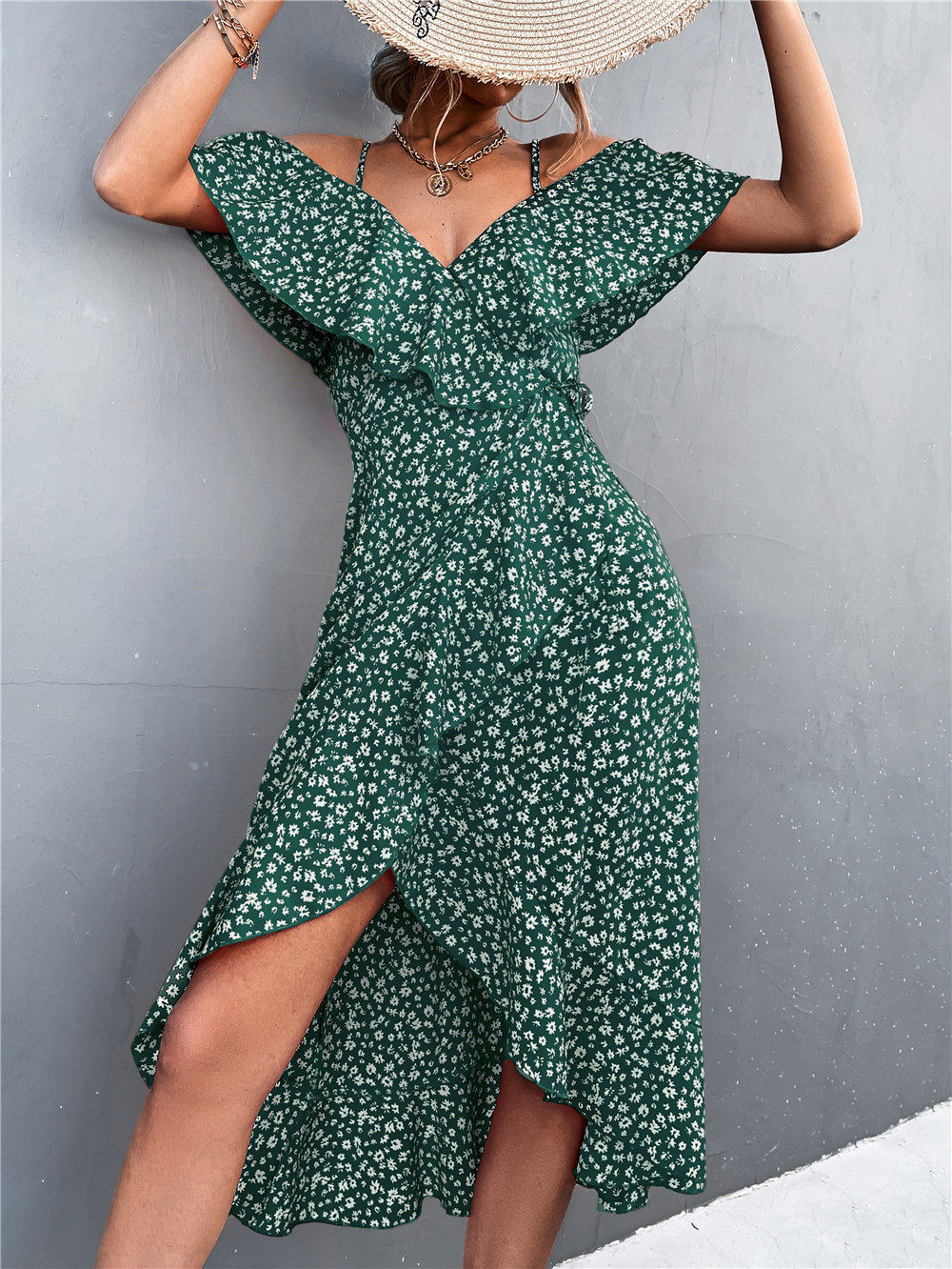 Two Piece Dress Summer Models Ladies Sexy Oneshoulder Floral Elegant Suspender High Wasit Irregular Long es For Women 230412