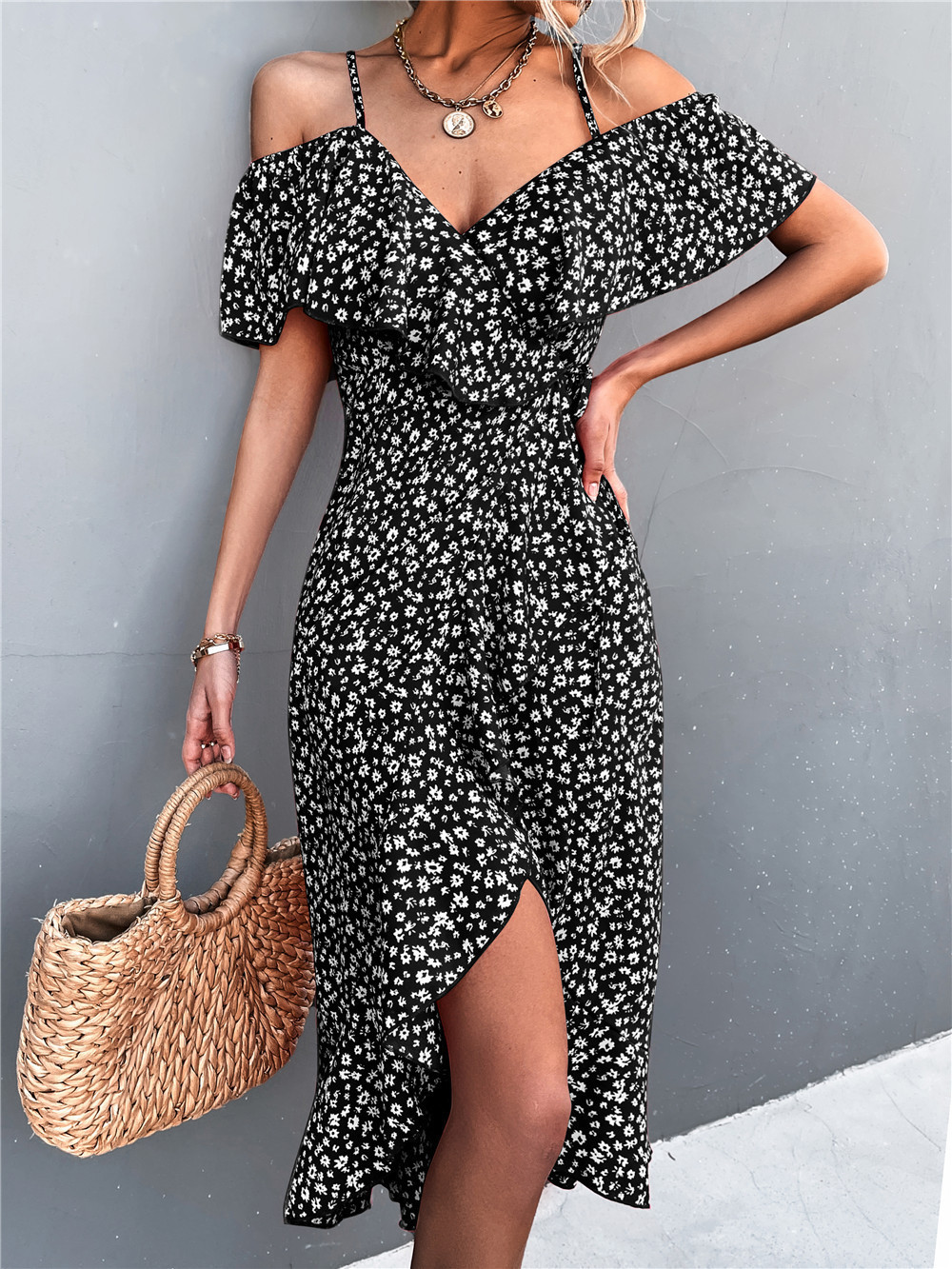 Two Piece Dress Summer Models Ladies Sexy Oneshoulder Floral Elegant Suspender High Wasit Irregular Long es For Women 230412