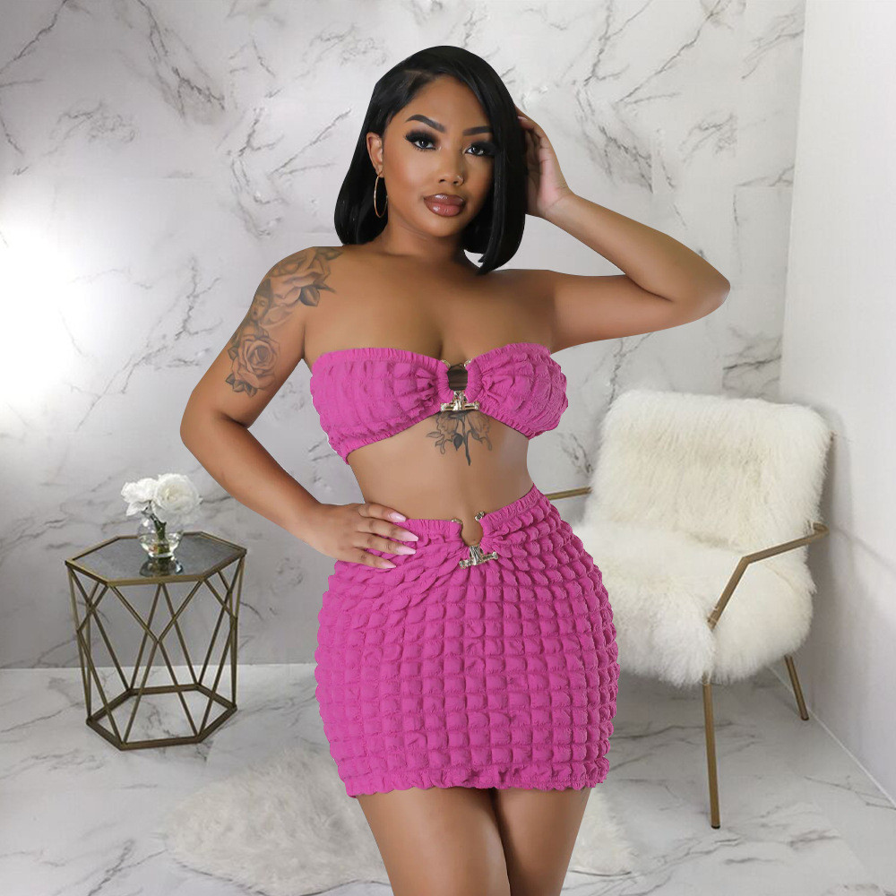 Designer Summer Bubble Dress Sets Women Strapless Crop Top and Bodycon Skirt Two Piece Sets Casual Mini Skirt 2pcs Suits Clothes 9683