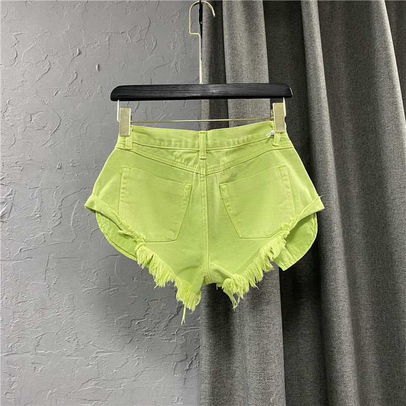 Women's Shorts Summer Women's Fruit Green denim Shorts Sexy Low A-line Fringe Shorts Pants Women's Fashion Personalized Pockets Pink 23