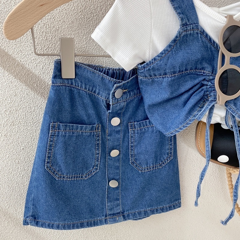 Clothing Sets Fashion Baby Girl Denim Clothes Set Strap Vest Skirt 2PCS Kid Jean Drawing String Crop Top Suit Outfit 2 10Y 230412