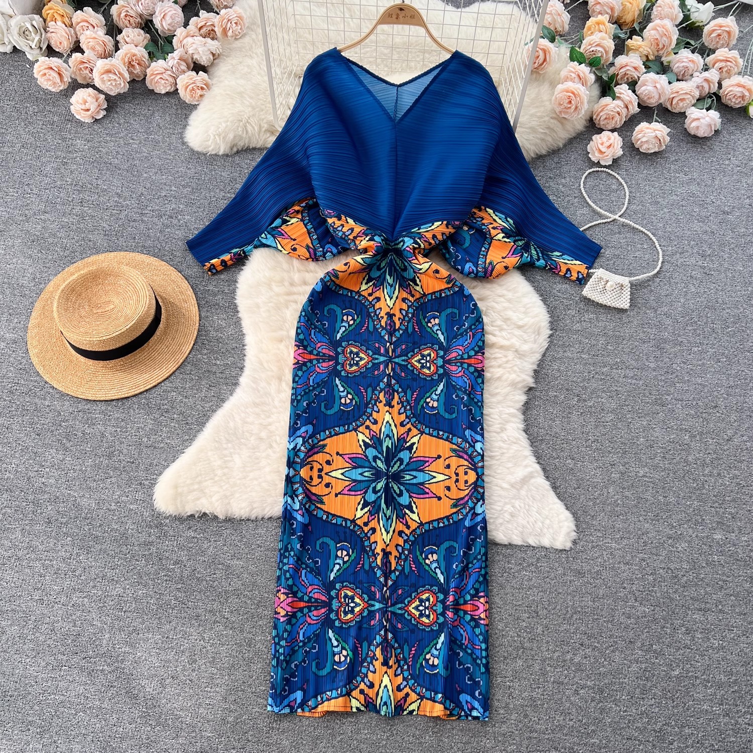 Women Casual Dresses Elegant New Autumn Miyake Pleated Long Dress Runway Women V Neck Batwing Sleeve Red Flower Printed Stretch Bodycon Slim Clothes 2