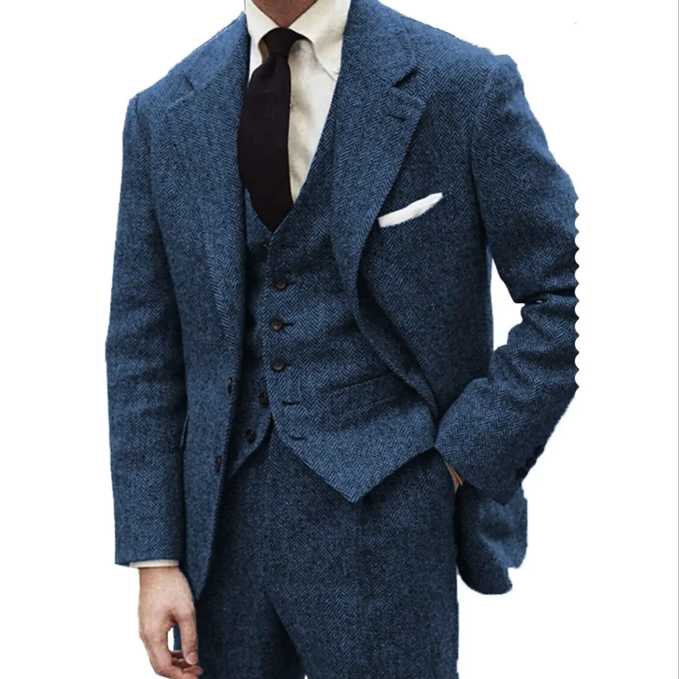 Men's Suits Blazers 3 Pieces Men's Suits Black Wool Herringbon Slim Fit Casual Formal Business Groomsmen Tweed Tuxedos for Wedding BlazerPan