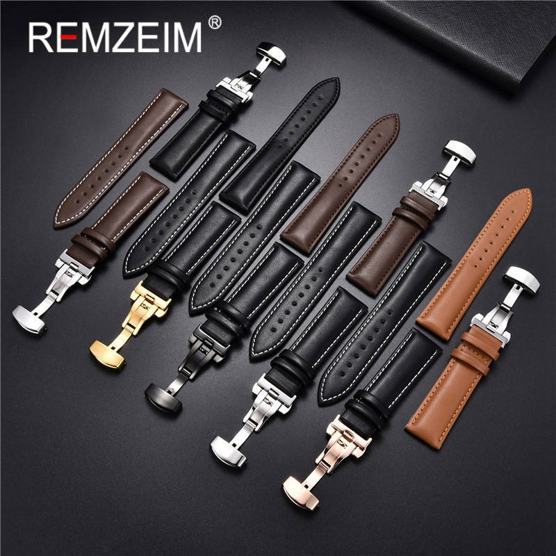 Watch Bands REMZEIM Soft Calfskin Leather Watchbands 18mm 20mm 22mm 24mm Straps Automatic Butterfly Clasp Watch Accessories With Box 230411