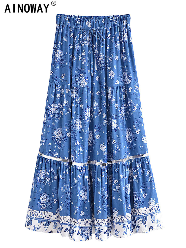 Skirts Vintage chic women's floral print summer elastic waist pleats Bohemian leather artificial silk cotton Bohemian beach A-line Maxi leather 2