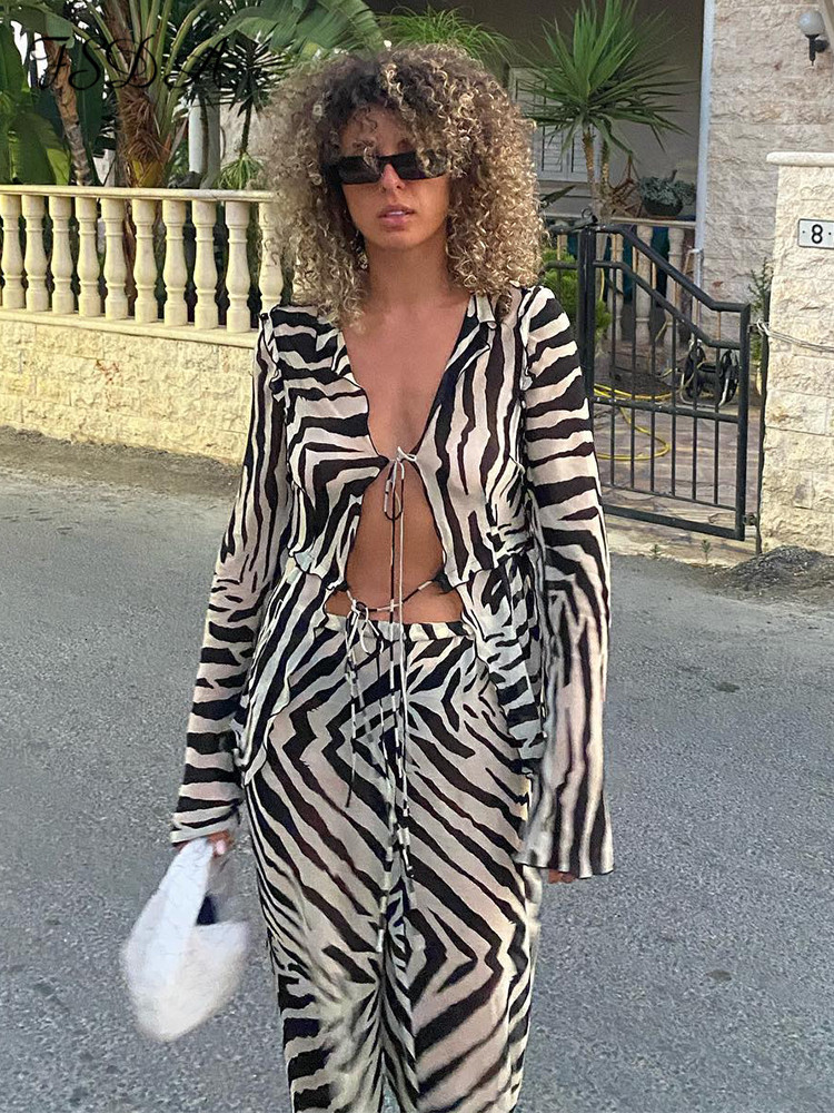 Women s Tracksuits FSDA Tracksuit Women Print Y2K Long Sleeve Top Shirts Bandage And Pants Sexy Two Piece Set Casual Outfits Party Clubwear 230411