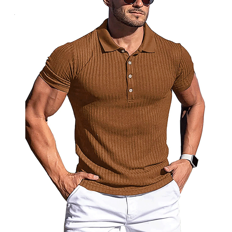 Men's Polos Men's threaded polo shirt summer running sports fitness suit muscle slimming short sleeved T-shirt V-neck casual top 230412