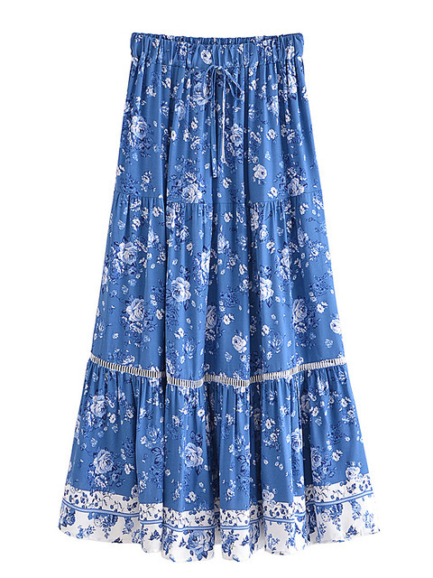 Skirts Vintage chic women's floral print summer elastic waist pleats Bohemian leather artificial silk cotton Bohemian beach A-line Maxi leather 2